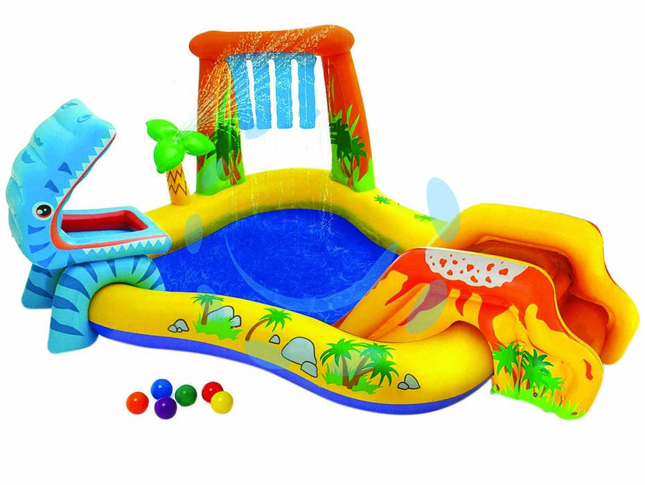 Piscina gonfiabile rettangolare gioco dinosauro  +3 anni - cm.249x191x109h. - peso kg.5,20 (57444) - in vinile spessore mm.0,28, piscina per bambini, scivolare dal vulcano, cadi nella piscina e dai da mangiare al dinosauro con...