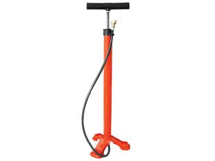 Pompa a mano con doppia impugnatura e base con treppiede - per bici con valvole tipo SCHRADER (valvola auto, moto), colore arancio