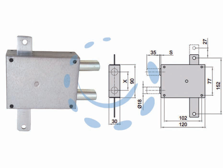 Deviatore doppio perno a piastra 201/50 - DX (201/50/D) - per applicazioni su porte blindate come ulteriore punto di chiusura, sporgenza dei perni a deviatore chiuso mm.3, interasse p...