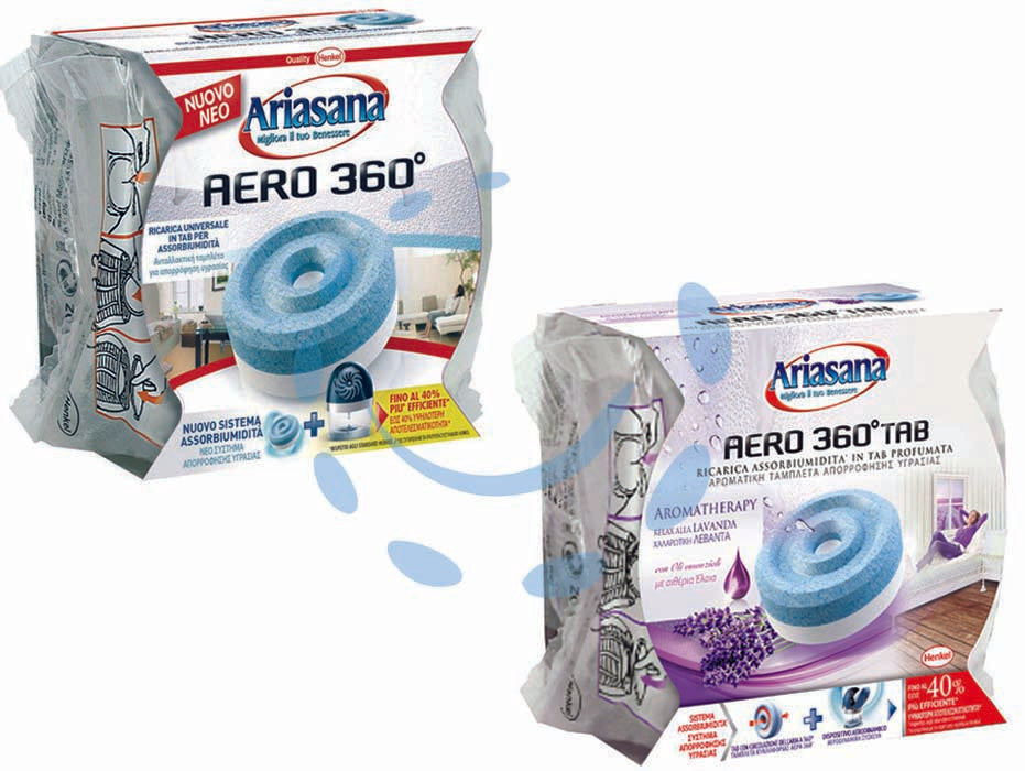 Ricarica ariasana per aero 360° tab - gr.450 cascata di montagna - assorbe l'umidità in eccesso e la trasforma in una soluzione salina, fino al 40% più efficiente,  neutralizza i cattivi odori...