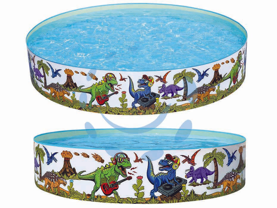 Piscina tonda rigida dinosauri  +2 anni - ø cm.183x38h. - peso kg.2,23 (art.55022) - il telo laterale è realizzato in PVC pesante rigido e fissato in modo permanente sul fondo in vinile robusto, capienza d'acqu...