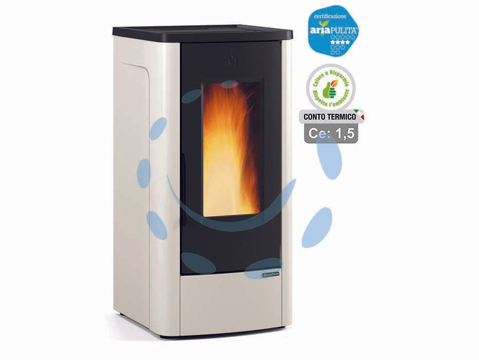 Stufa a pellet dahiana plus canalizzata 10 kw avorio (conto termico) - misure cm.52,5x60,2x108h. - peso Kg.160 - 3,4/11,0 Kw potenza termica globale, 3,0/10,0 Kw potenza nominale utile per mc.287 riscaldabili, consumo 0,7/2,3 Kg/h., porta...