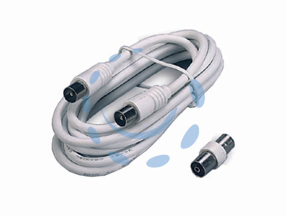 Prolunga tv con cavo coax spina maschio-femmina + adattatore maschio - mt.5 bianca 31040 - cavo coassiale 750 hm, spina/presa ø mm.9,5 compreso adattatore TV maschio-maschio, in confezione singola FLOW PACK