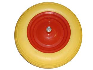 Ruota per carriola pu piena perno mm.12x170 - perno mm.12x170, interasse mm.110 - ø cm.38x8,5, colore giallo 3.50-8 cerchio in metallo verniciato colore rosso, perno filettato in acciaio zincato