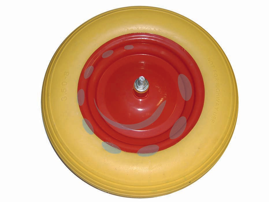 Ruota per carriola pu piena perno mm.12x170 - perno mm.12x170, interasse mm.110 - ø cm.38x8,5, colore giallo 3.50-8 cerchio in metallo verniciato colore rosso, perno filettato in acciaio zincato