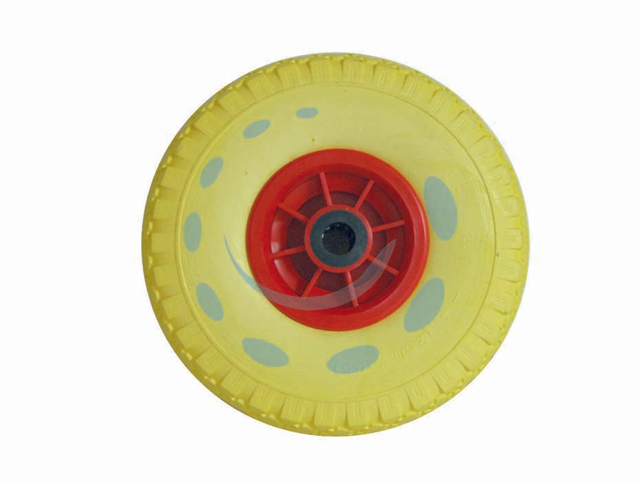 Ruota per carrello pu piena mm.260 cerchio in plastica - ø mm.260x85 foro mm.20 con cuscinetti - ruota piena in poliuretano di ricambio per carrelli, colore giallo, cerchio in plastica