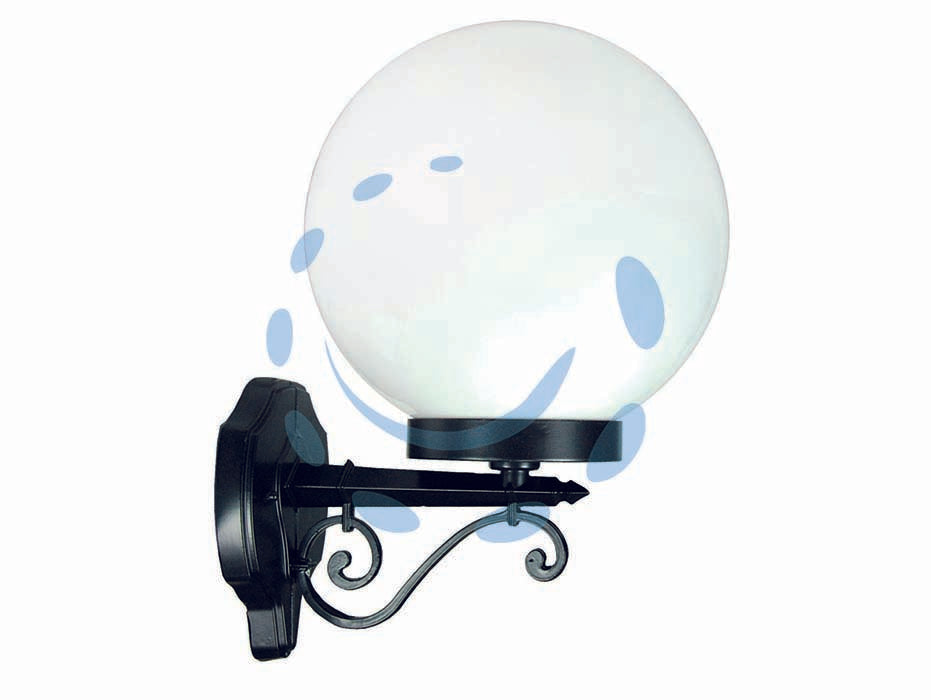 Lanterna con braccio inferiore lavorato modello sfera - 100w IP44 mm.290x383h. colore nero - struttura in alluminio verniciato, sfera opalescente in plastica