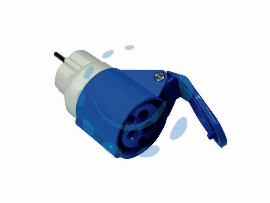 Adattatore industriale con spina schuko 16a e presa cee 309 - 16A colore blu 73001 - spina SCHUKO 16A 220v, presa 2 poli + terra 16A CEE 309