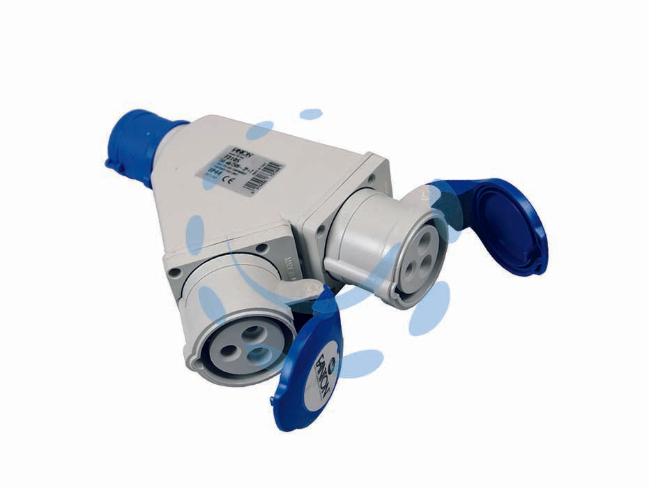 Adattatore industriale con spina e 2 prese cee 309 ip44 - 16A colore blu 73105 - spina 2 poli + terra 16A CEE 220v, 2 prese 2 poli + terra 16A CEE 220v