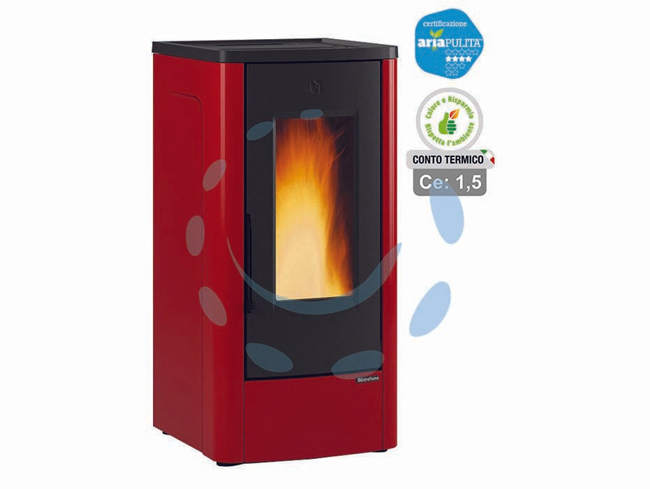 Stufa a pellet dahiana 10 kw bordeaux (conto termico) - misure cm.52,5x60,2x108,0h. - peso Kg.157 - 3,4/11,0 Kw potenza termica globale, 3,0/10,0 Kw potenza nominale utile per mc.287 riscaldabili , consumo 0,7/2,3 Kg/h., port...