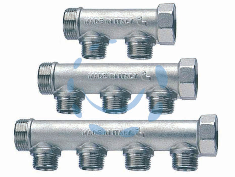 Collettore di distribuzione componibile 3/4 2 derivazioni m art.455 - MF 3/4' - 2 derivazioni M 1/2' - collettore componibile con 2 derivazioni maschio sede conica 1/2', corpo in ottone nichelato, adatto per tubo rame, PEX, poli...