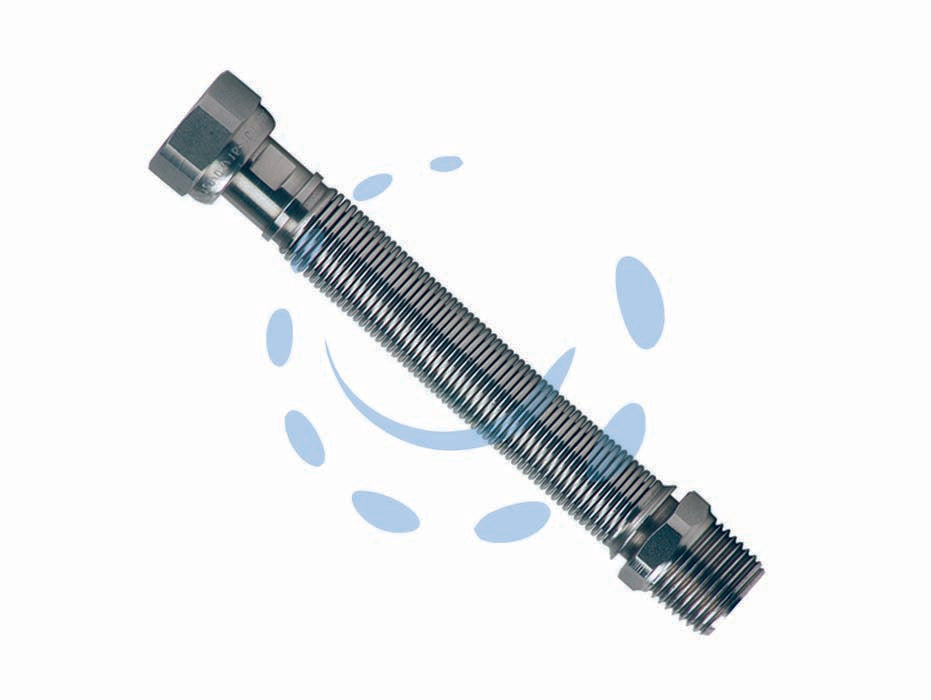 Flessibile estensibile per acqua in acciaio inox - MF 1/2' - ø DN 15 - mm.100/200 - tubo in acciaio inox AISI 321L a onde parallele, spessore mm.0,21, maschio e codolo porta dado in acciaio inox AISI 303, dado...