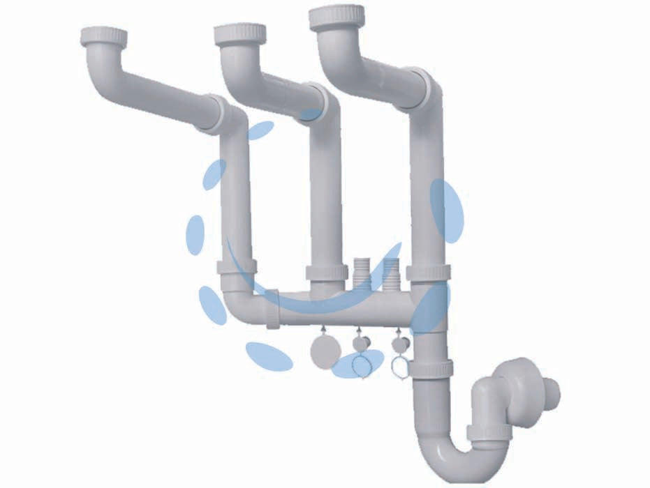 Sifone moplen libero 3 vie con 2 scarichi - 1'1/2 per lavello - ideoneo per l'utilizzo in spazi stretti, in polipropilene, 2 scarichi utilizzabili per lavatrice, lavastoviglie, condizionato...