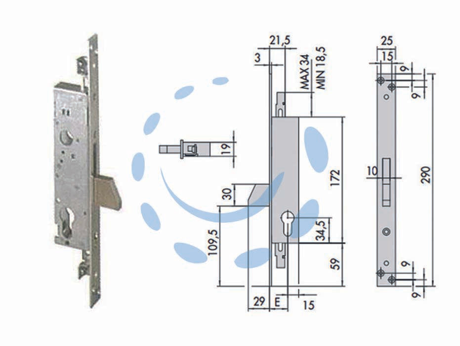 Serratura triplice da infilare per montanti e persiane s/scrocco 46820 - mm.25 (46820250) - scatola e frontale in acciaio con rivestimento in zinco, solo catenaccio basculante in acciaio nichelato, perni filettati del...