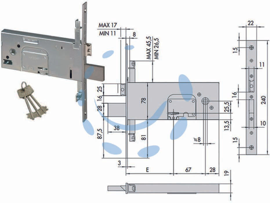 Serratura triplice da infilare per fasce doppia mappa mm.78 h 57357 - mm.90 (57357900) - scatola e frontale in acciaio inox con rivestimento in zinco, frontale mm.22, catenaccio e scrocco in acciaio nichelato 4 man...