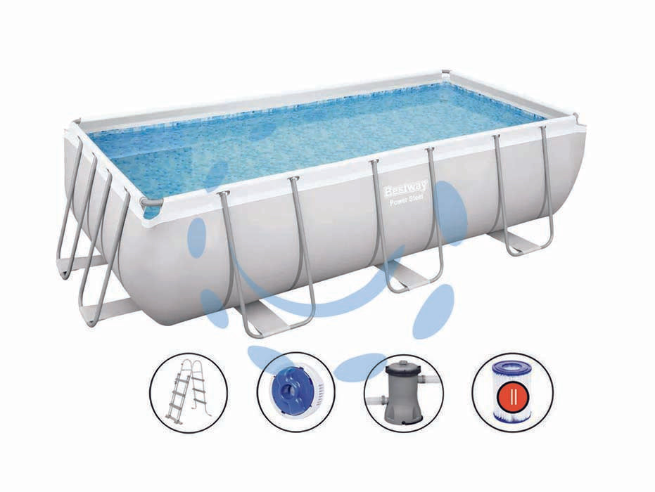 Piscina power steel rettangolare con telaio portante cm.404x201x100h. - kg.61,3 - lt.6.478 - filtro cartuccia(art.56441) - il telo è realizzato in PVC poliestere triplo strato, la struttura portante è composta da strutture in acciaio zincato e vern...