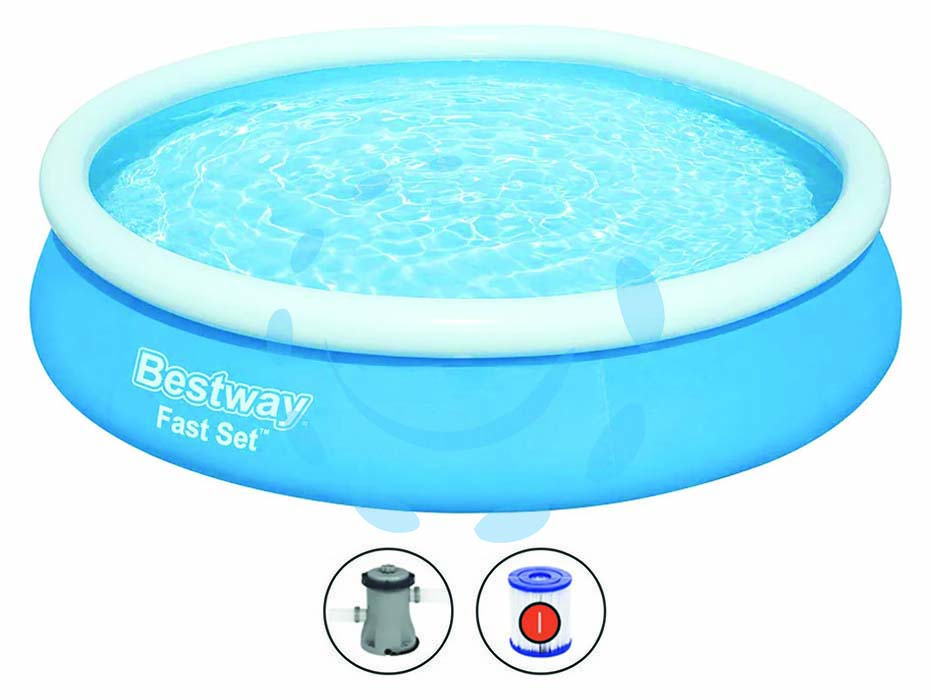 Piscina fast set autoportante tonda cm.366x76h. - kg.14,0 -lt.5.377 -filtro cartuccia (art.57274) - il telo è realizzato in PVC poliestere triplo strato, compresa pompa di filtraggio a cartuccia con tubi e raccordi, tensione ...