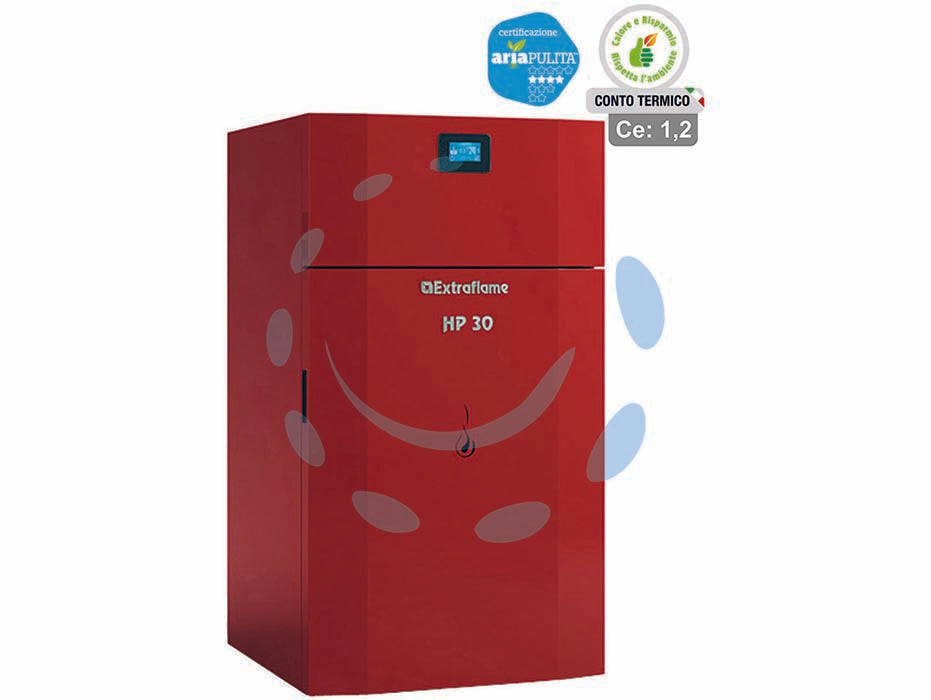 Caldaia termopellet hp 30 evo 31,3 kw bordeaux (conto termico) - misure cm.78,0x77,8x140,8h. - peso Kg.335 - 10,1/33,9 kw potenza termica globale, 9,1/31,3 Kw potenza nominale utile per mc.898 riscaldabili, consumo 2,1/7,0 Kg/h., port...