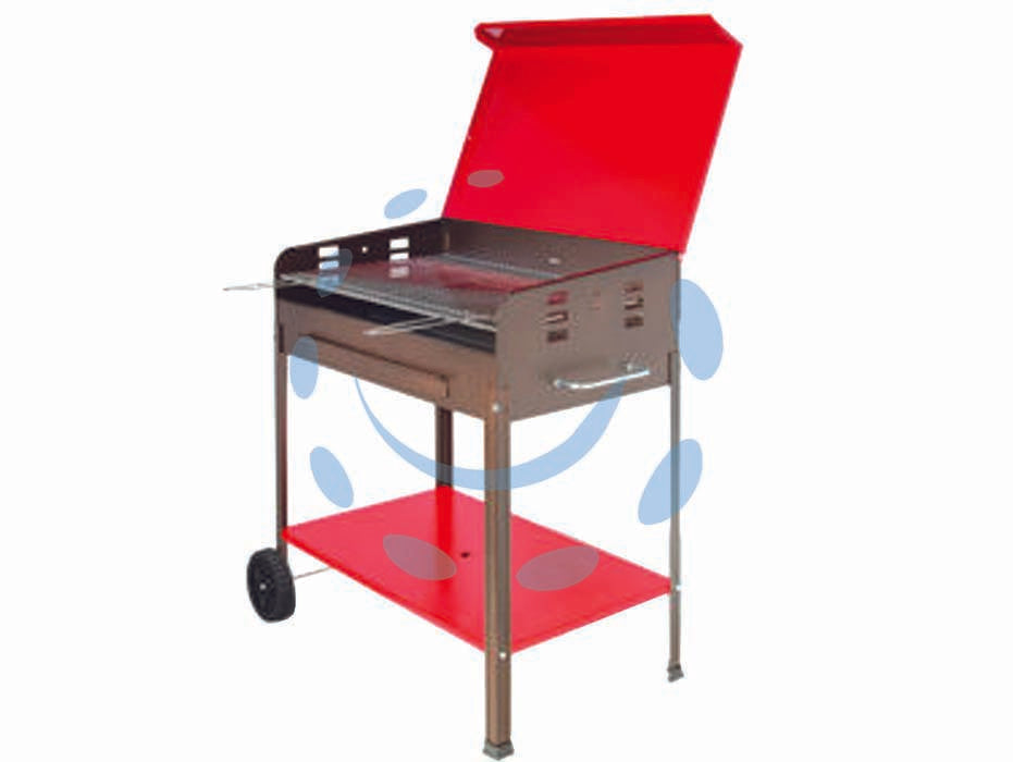 Barbecue rettangolare a carbonella etna con ruote - bracere cm.50x80 - in ferro battuto verniciato nero con ripiani e coperchio rosso, due griglie di cottura in acciaio cromato con manici in legno...