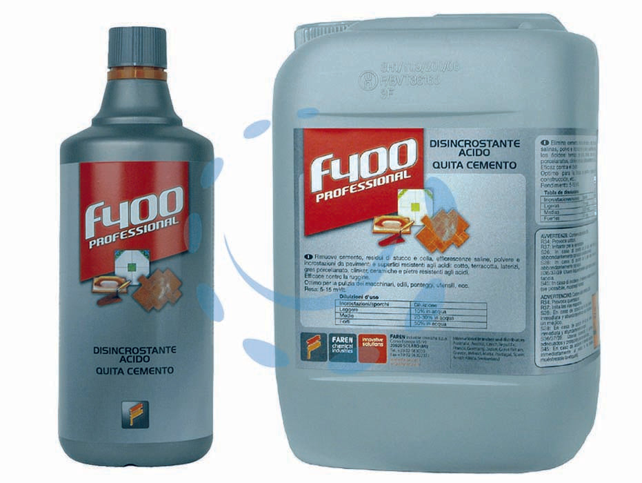 Acido forte per cemento f400 - lt.1 - elimina incrostazioni di cemento e calcare, concentrato, si diluisce in acqua, tamponato con inibitori di corrosione, profess...