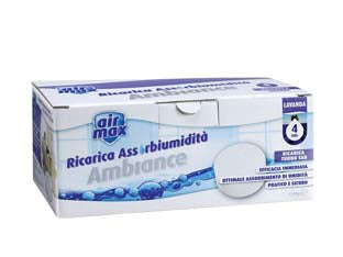 Airmax assorbiumidita ricariche tab lavanda - 4 ricariche 450 gr. ciascuna - combatte la condensa, l'umidità e l'odore di chiuso negli spazi abitativi, contribuisce alla creazione di un'ottmale condizio...