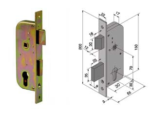 Serratura da infilare per cancelli 2 mandate e scr. cil. sagomato 061 - mm.30 con catenaccio mm.25 (06130000) - scatola e frontale in acciaio tropicalizzato, catenaccio in acciaio 2 mandate con scrocco reversibile separato e quadro manig...