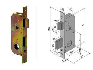 Serratura da infilare per cancelli 2 mandate e scr. cil. sfilabile 067 - mm.30 con catenaccio mm.25 (06730000) - scatola e frontale in acciaio tropicalizzato, catenaccio in acciaio 2 mandate con scrocco reversibile separato e quadro manig...