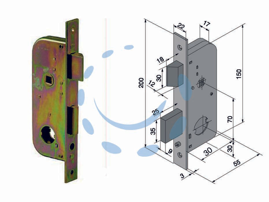 Serratura da infilare per cancelli 2 mandate e scr. cil. sfilabile 067 - mm.30 con catenaccio mm.25 (06730000) - scatola e frontale in acciaio tropicalizzato, catenaccio in acciaio 2 mandate con scrocco reversibile separato e quadro manig...