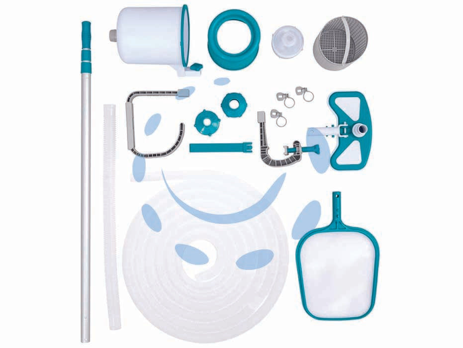 Kit mantenimento e pulizia per piscine de luxe - (art.58237) - composto da: 1 asta in alluminio allungabile cm.279 max, 1 tubo per aspirazione ø mm.32  mt.7,5, 1 testa aspiratrice piatta, ...