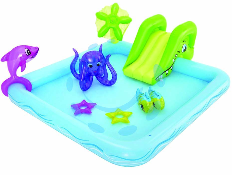 Piscina con giochi gonfiabile acquario fantastico +2 anni - cm.239x206x86h. - (art.53052) - play center con spruzzi, 1 scivolo gonfiabile e removibile, 1 delfino, 2 pesci e 1 polpo con anelli gonfiabili inclusi