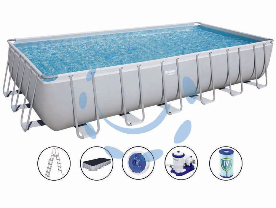 Piscina power steel rettangolare telaio portante cm.732x366x132h. -kg.171,7 -lt.30.045 -filtro cartuccia (art.56474) - telo è realizzato in PVC poliestere triplo strato, la struttura portante è composta da strutture in acciaio zincato e vernici...