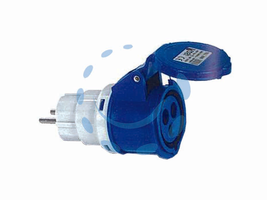 Adattatore industriale con spina schuko e presa cee ip44 - 16A colore blu - spina schuko, presa 2 poli + terra 16A 220V CEE