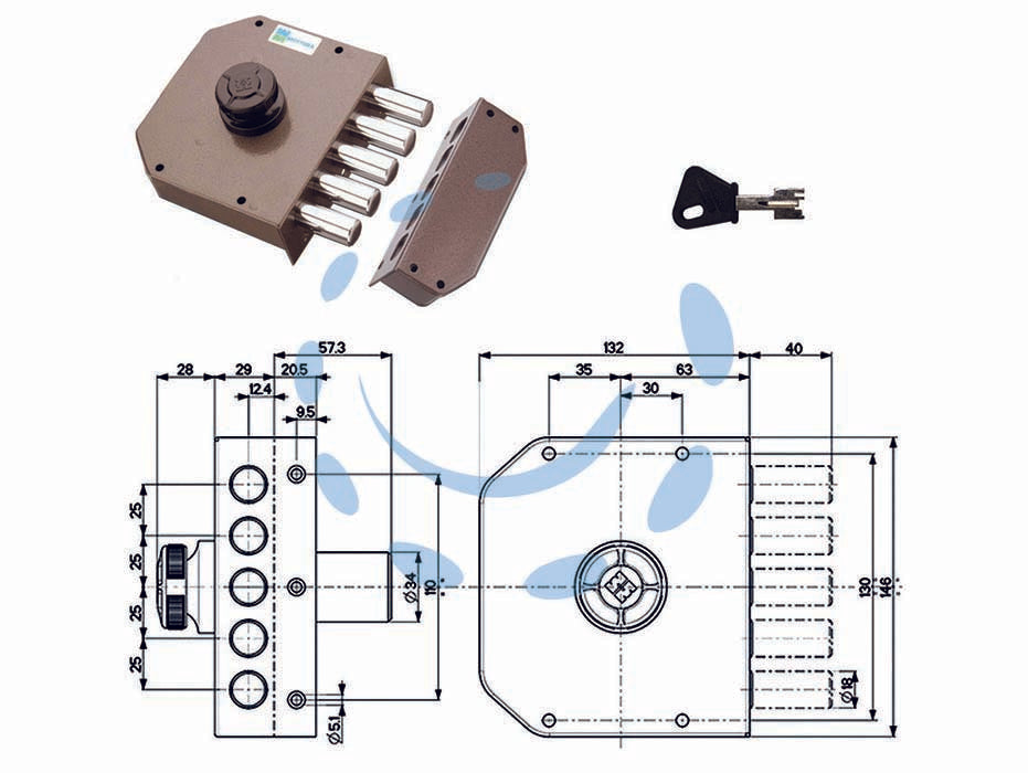 Serratura laterale da applicare senza scrocco a pompa 30601 - mm.60 DX cilindro ø mm.34 (30601VD60) - 4 mandate, scatola in acciaio verniciato, catenacci a pistoni in acciaio cromato, dotazione 1 mostrina, 1 ferrogliera, viti e...