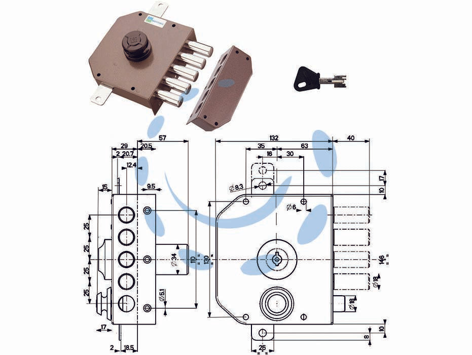 Serratura triplice da applicare senza scrocco con pomolo a pompa 30621 - mm.60 DX cilindro ø mm.34 (30621VD60X) - 4 mandate, scatola in acciaio verniciato, catenacci a pistoni in acciaio cromato, dotazione: 1 mostrina, 1 ferrogliera, 2 pas...