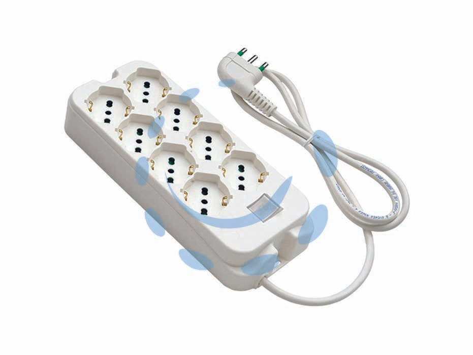 Multipresa 4+4 posti bipasso + schuko con interr. linea retail - bianca 47440 - cavo mt.1,5 3G1 H05VV-F, 4+4 prese bipasso italo/tedesche 2P+T 16A, spina salvaspazio a 90° a squadra italiana 2P+T 16A, con ...