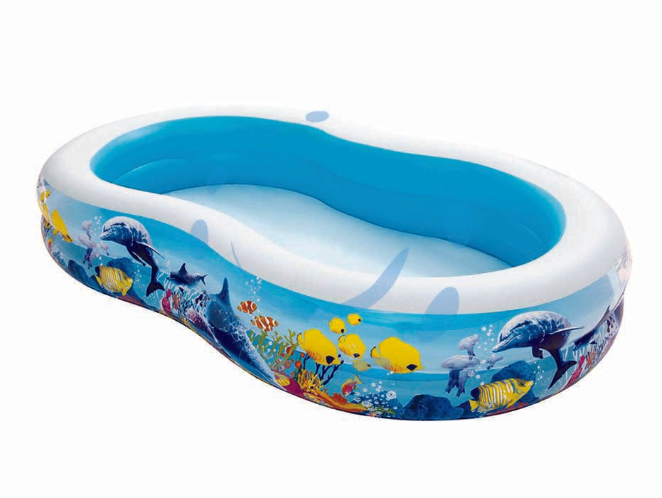 Piscina gonfiabile family sagomata con disegni  +3 anni - cm.262x157x46h. - peso Kg.4,1 (art.54118) - realizzata in vinile spessore mm.0,27, 2 anelli, sponda larga con struttura di rinforzo, 2 valvole interconnesse, capienza d'...