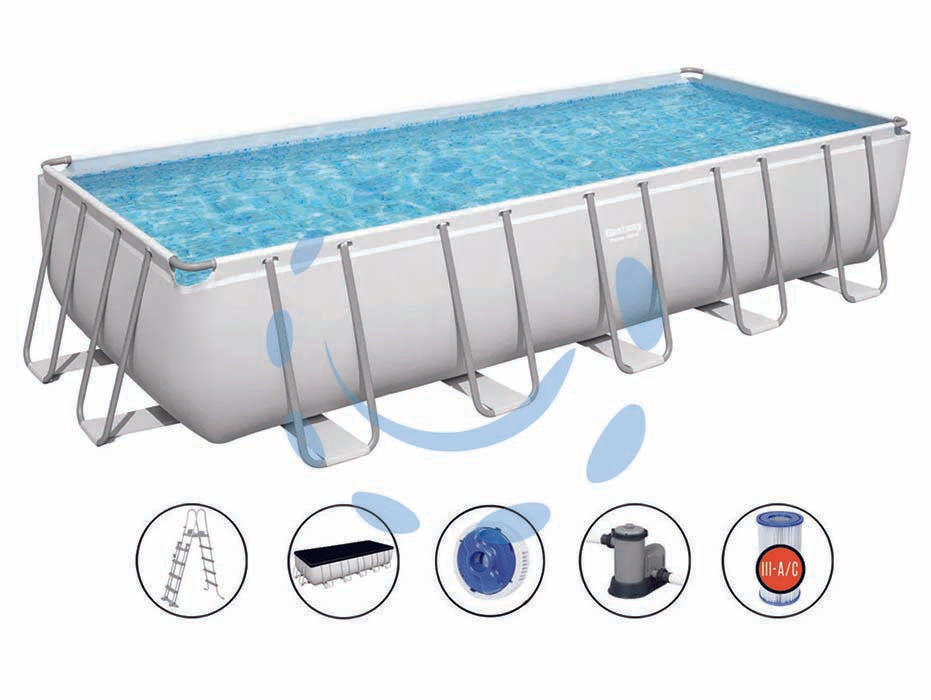 Piscina power steel rettangolare telaio portante cm.640x274x132h. -kg.131,5 -lt.19.281 -filtro cartuccia (art.5611Z) - il telo è realizzato in PVC poliestere triplo strato, la struttura portante è composta da strutture in acciaio zincato e vern...