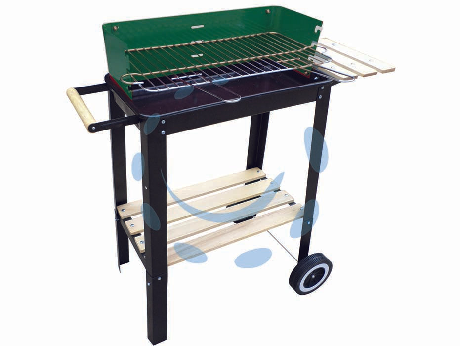 Barbecue rettangolare con piani legno kansas - bracere cm.50x26 - altezza di cottura cm.68, griglia di cottura in acciaio cromato con maniglie, regolabile in 3 posizioni, griglia di riscaldo ...