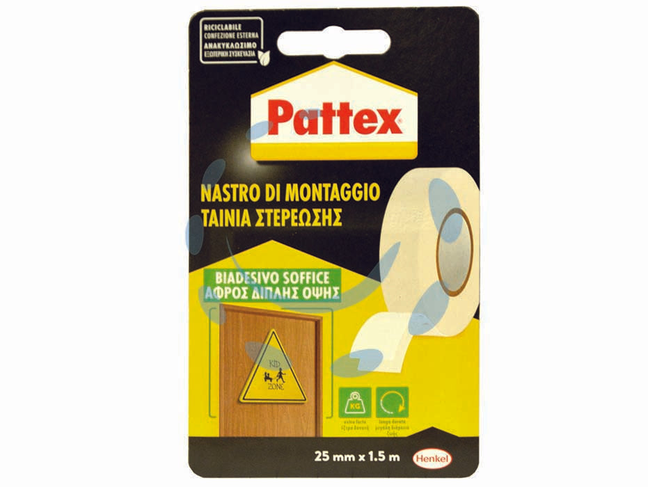 Pattex nastro biadesivo soffice - mm.25h in rotoli da mt.1,5 - nastro biadesivo soffice con supporto in polietilene espanso di colore bianco che presenta elevatissima tenuta ed ottima resi...