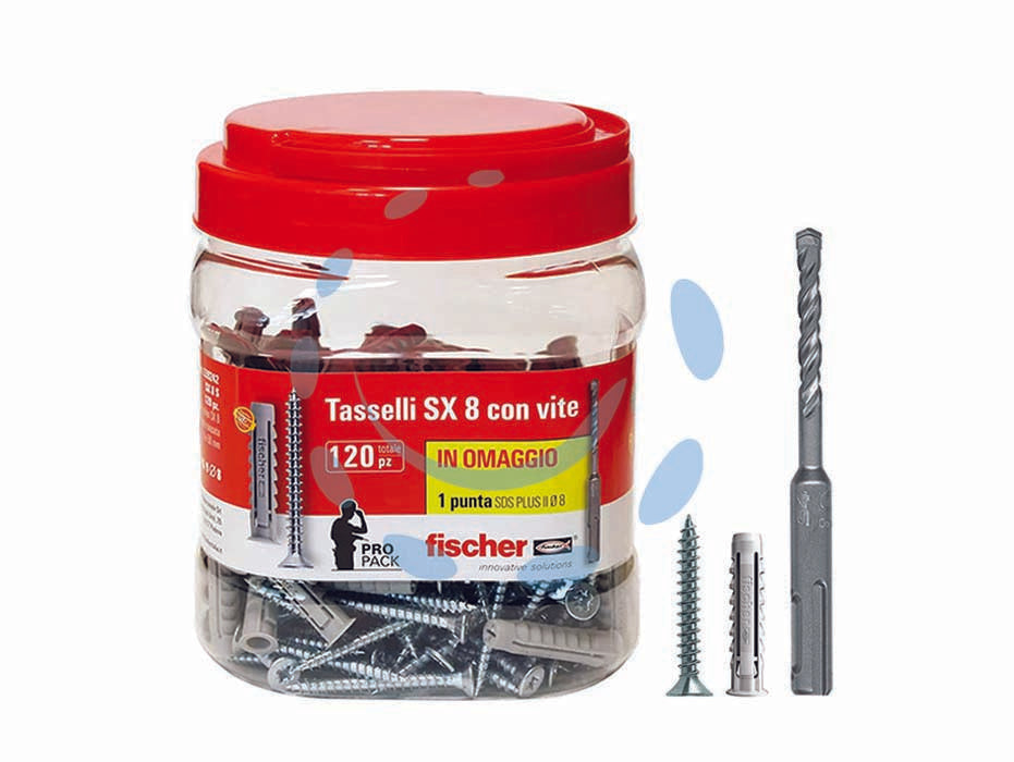 Tassello in nylon con vite promopack sx 8 s - ø mm.8x40 vite mm.5x50 conf.pz.90+30 omaggio - fornito con vite per truciolare in acciaio zinco cromato con testa svasata piana e impronta pozdrive, pz.1 punta SDS plus mm....