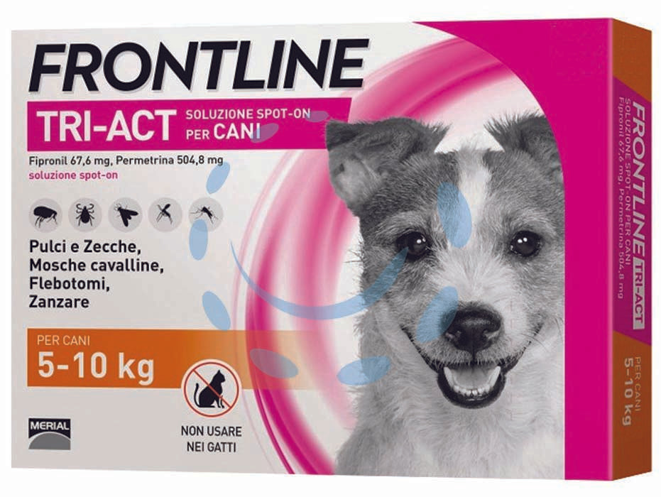 Frontline tri-act spot-on per cani s - in confezione da 6 pipette - per cani da kg.5 a kg.10, è una soluzione spot-on insetticida e acaricida specifica per il cane, grazie a due principi attivi...