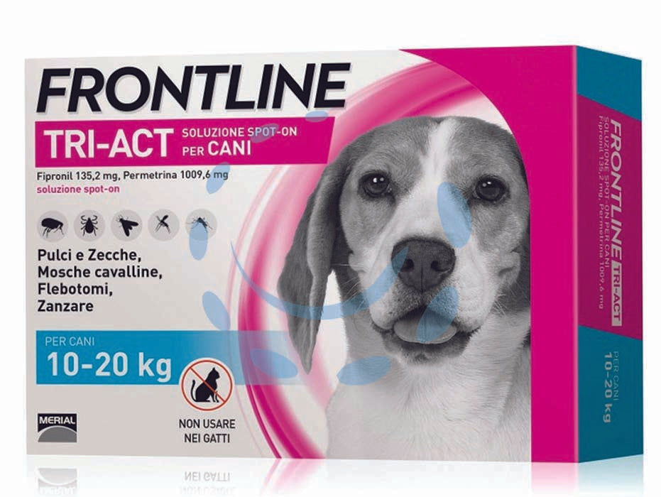 Frontline tri-act spot-on per cani m - in confezione da 3 pipette - per cani da kg.10 a kg.20, è una soluzione spot-on insetticida e acaricida specifica per il cane, grazie a due principi attiv...