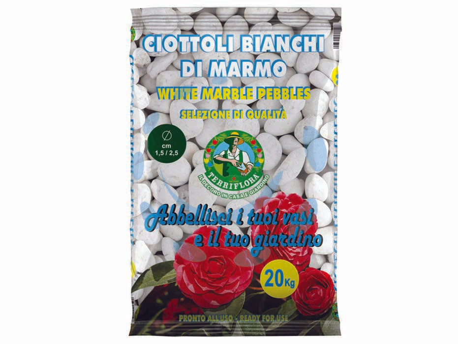 Ciottolo bianco in marmo - kg.20, taglio mm.15/25 - marmo arrotondato dall'azione levigante delle acque di fiumi e torrenti, per decorazione laghetti, acquari, vialetti, ecc.