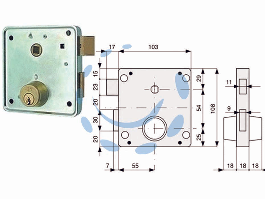 Serrat. applic. cancelli 2 mand. e scr. sep. + quadro cil. fissi 433 - mm.55 (433.55.1) Dx - scatola in acciaio zincato, scrocco in ottone reversibile, catenaccio in ottone, quadro maniglia mm.8, con coppia cilindri co...