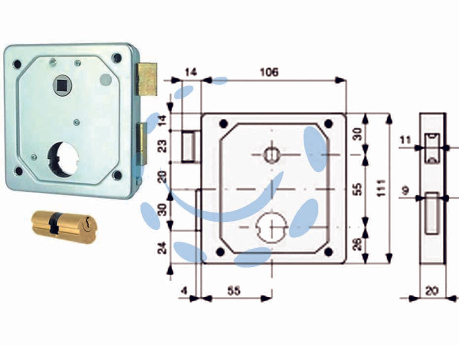 Serrat. applic. cancelli 2 mand. e scr. sep. + quadro cil. tondo 437 - mm.55 - cil. tondo ø mm.26x54 (27x27) (437.55.0) - scatola in acciaio zincato, catenaccio in ottone a 2 mandate con scrocco revesibile separato, quadro maniglia