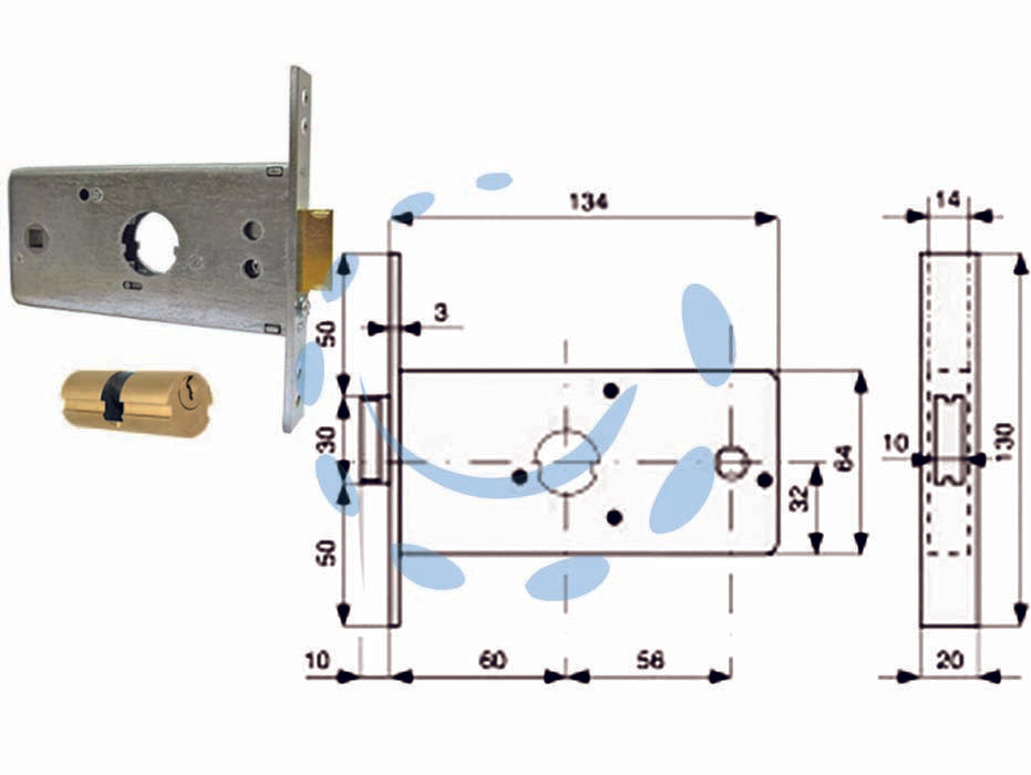 Serratura infilare per fasce caten. 1 mandata e scr. mm.64 h 288602 - mm.60 (288.60.2) - in acciaio zincato, con scatola e frontale da mm.20, catenaccio a 1 mandata con scrocco incorporato in ottone con richiamo tr...