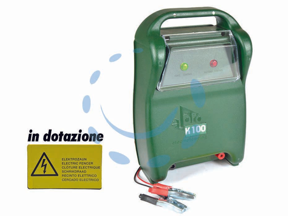 Apparecchio per elettrorecinzione mandrian k100 - BATTERIA NON COMPRESA, alimentazione a rete elettrica 220v ac o batteria ricaricabile esterna da 12v cc da 65-130Ah, indicati...