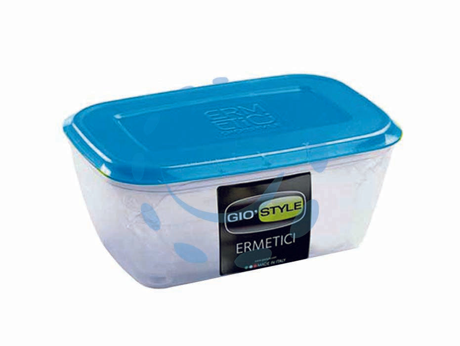 Contenitori ermetici rettangolari per alimenti in plastica - lt.0.50 - cm.15x9x7h - plastica morbida, fondo PP, coperchio PE, resistente al gelo, 30° C, coperchio blu, contenitore trasparente, perfettamente im...