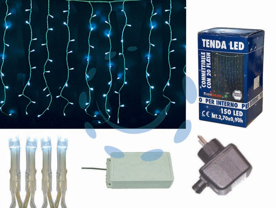 Tenda 144 led bianco freddo per esterno con gioco luci - mt.3 x 1,0 - tensione 230v/50Hz, con spina SCHUKO, grado di protezione IP44 , confezionate in scatola illustrata