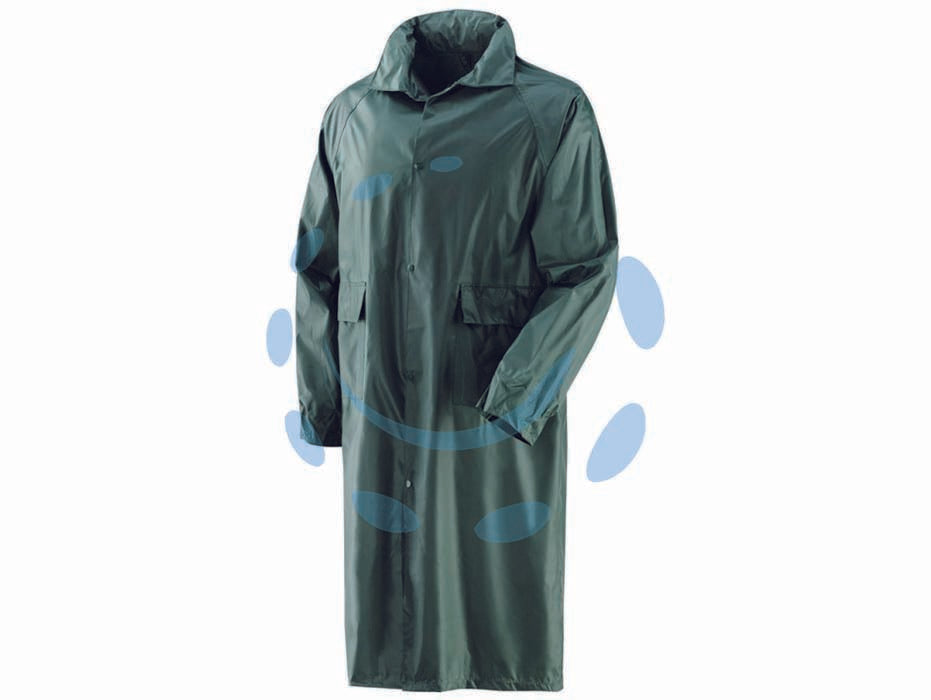 Impermeabile cappotto in nylon spalmato in pvc verde - tg.L - in nylon splamato interamente in PVC, peso gr.200 mq., spessore mm.0,18, cappuccio fisso a scomparsa con coulisse, aerazione ...